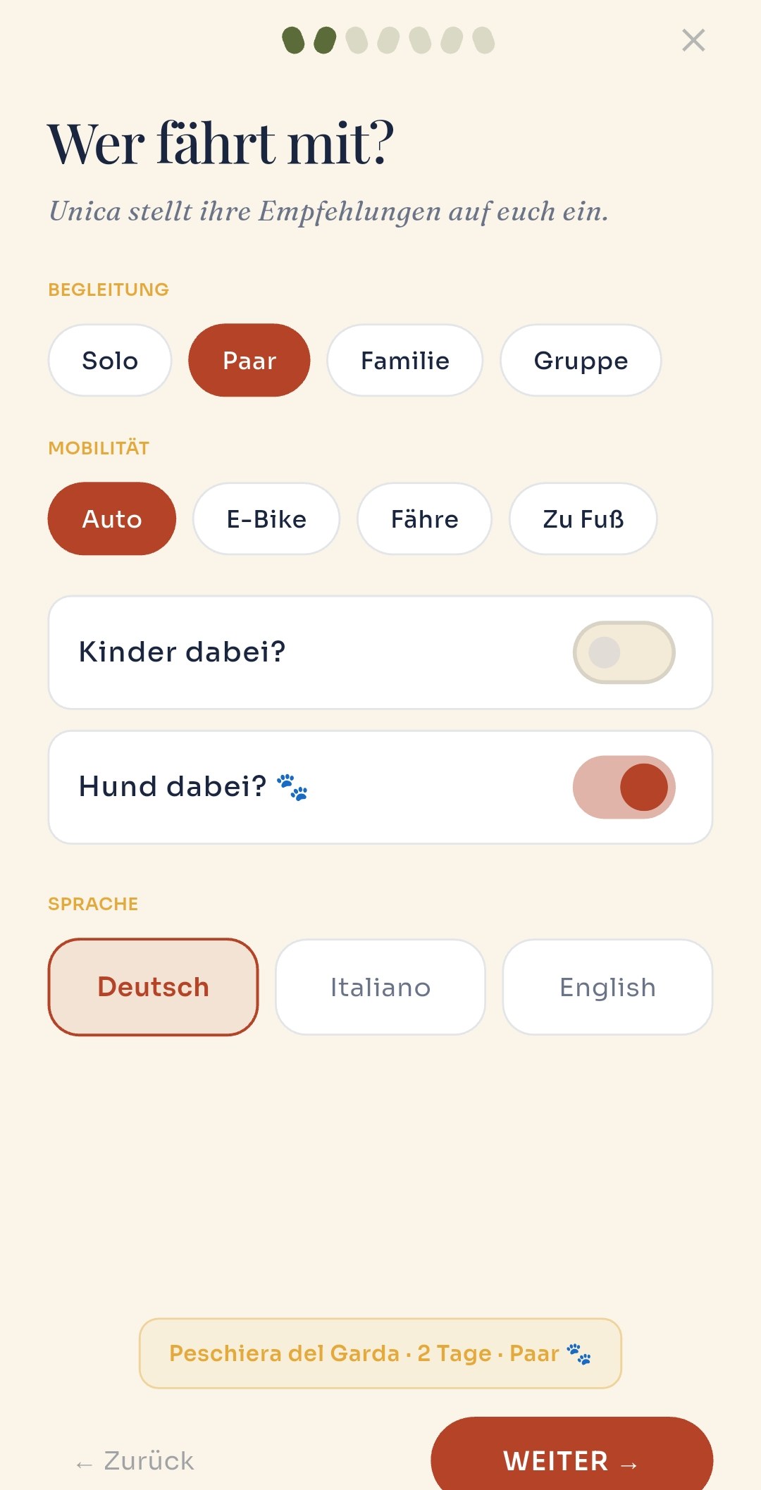 Unica Benaco — Wer fährt mit: Paar, Auto, Hund dabei